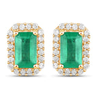 0.91 Carat Genuine Zambian Emerald and White Diamond 14K Yellow Gold Earrings
