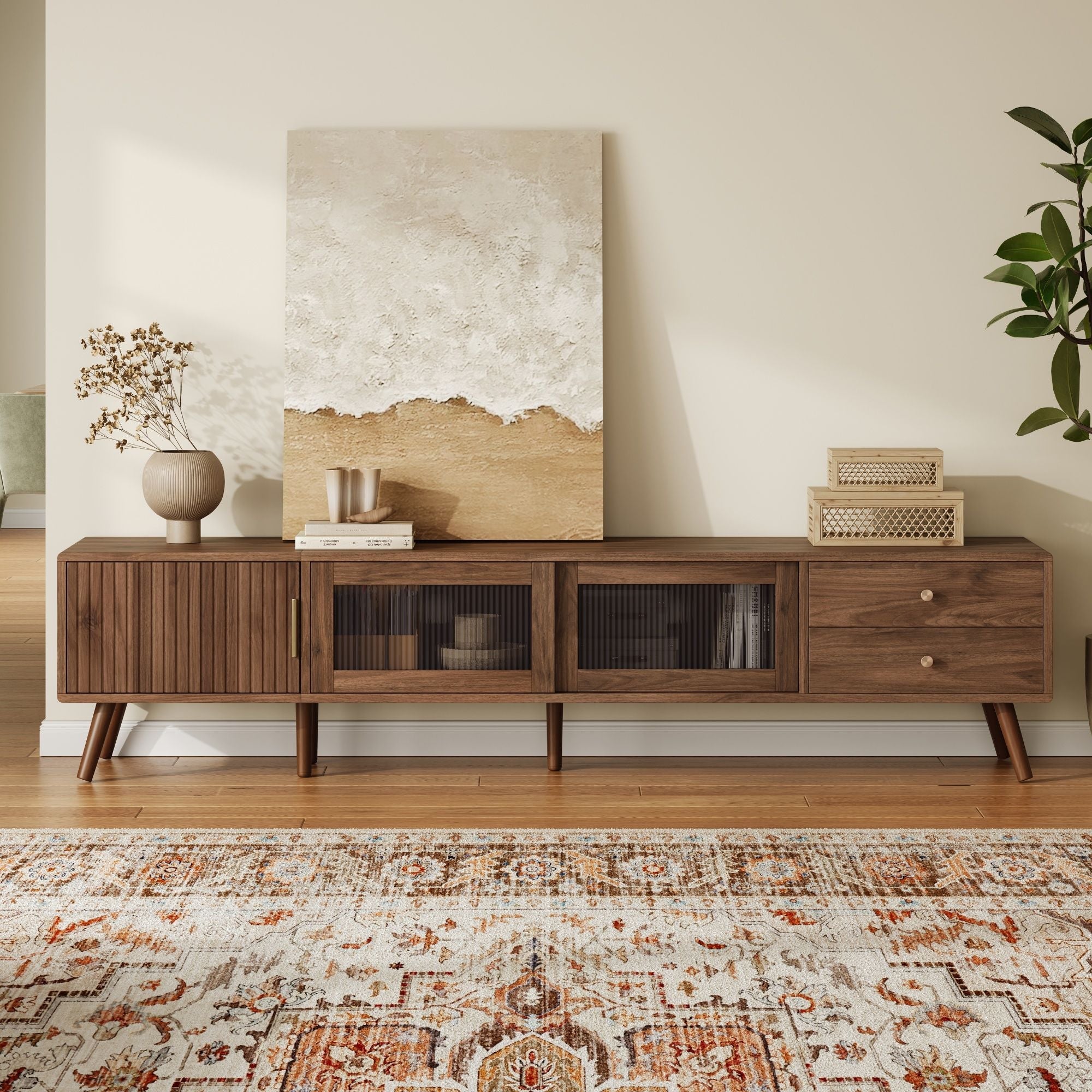 Doors TV Stand For TVs Up To 85", With Storage Cabinets - Natural