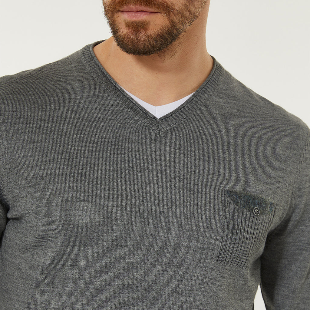 Wool Blend V-Neck Pocket Sweater // Gray