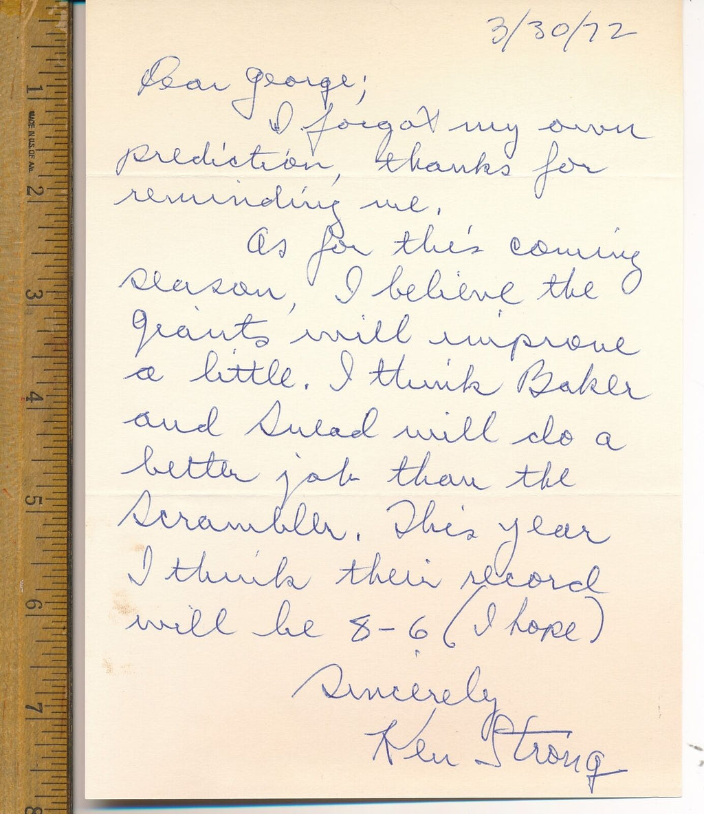 Ken Strong HOF Autographed Personal Letter New York Giants JSA