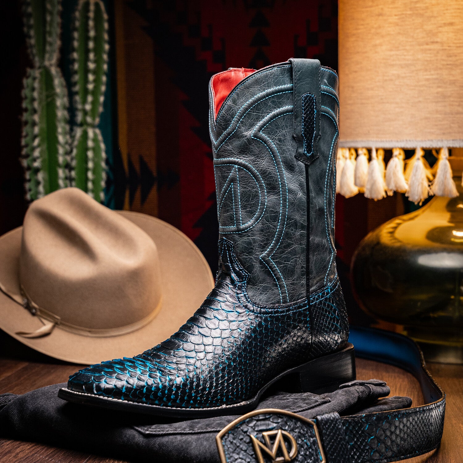 Western Collection Missouri // Python Leather Cowboy Boot // Black + Blue