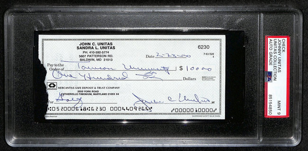 Johnny Unitas HOF Signed/Autographed 2000 Bank Check Colts PSA/DNA MINT 9 189578