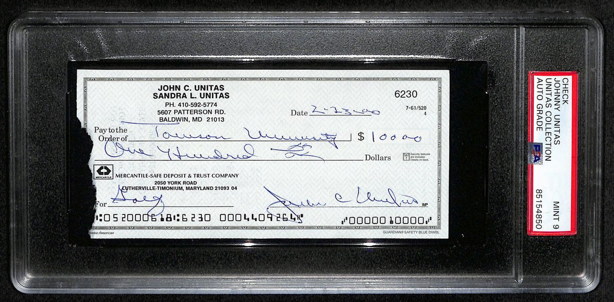 Johnny Unitas HOF Signed/Autographed 2000 Bank Check Colts PSA/DNA MINT 9 189578