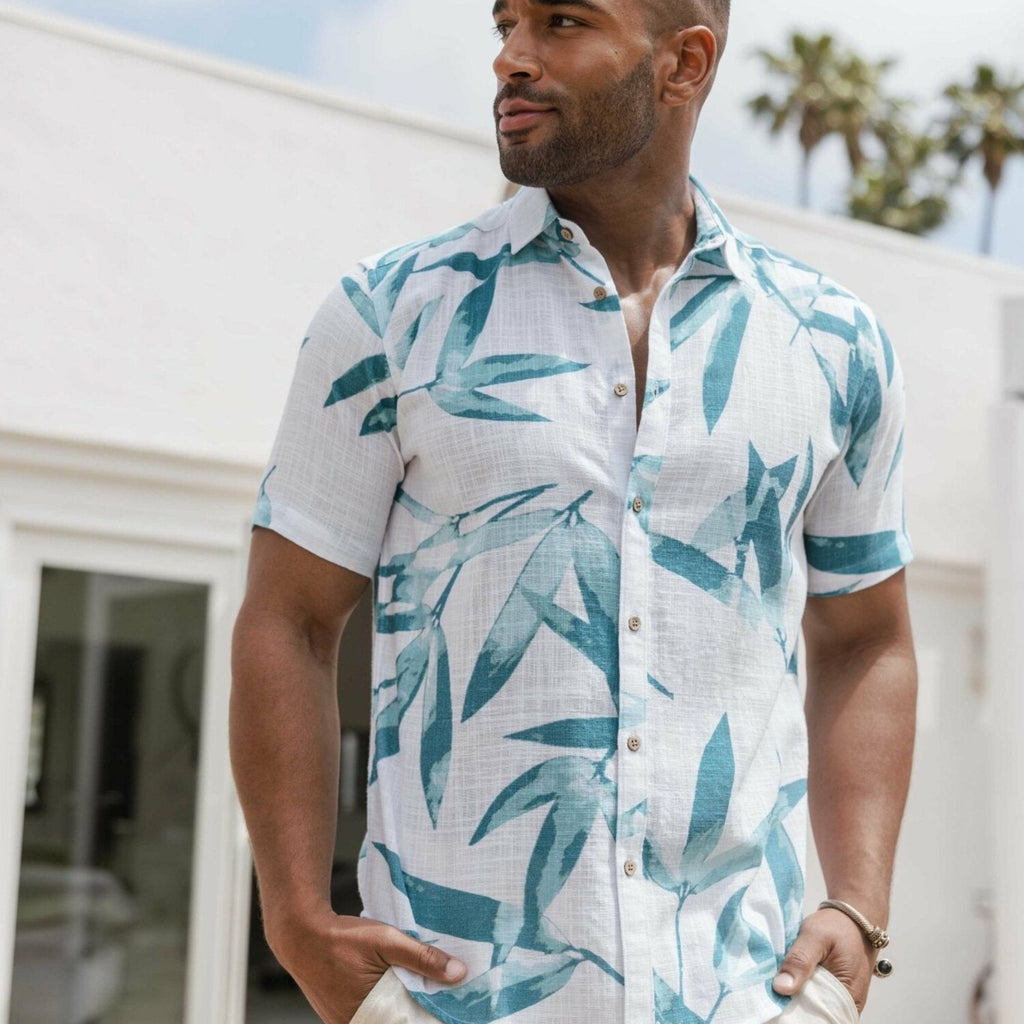 Men's Resort Style Casual Linen Blend Colorful Tropical Leaf Print Shirt