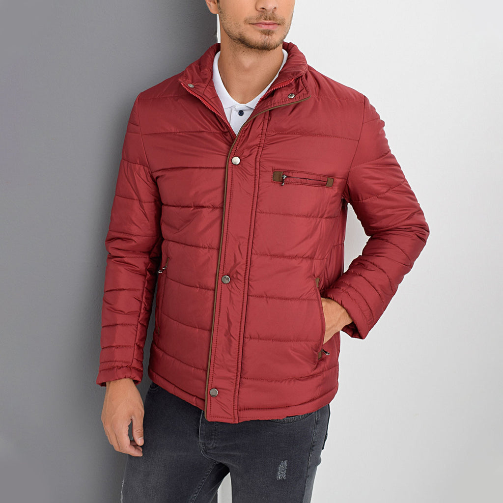 Mock Neck Striped Quilted Jacket // Burgundy