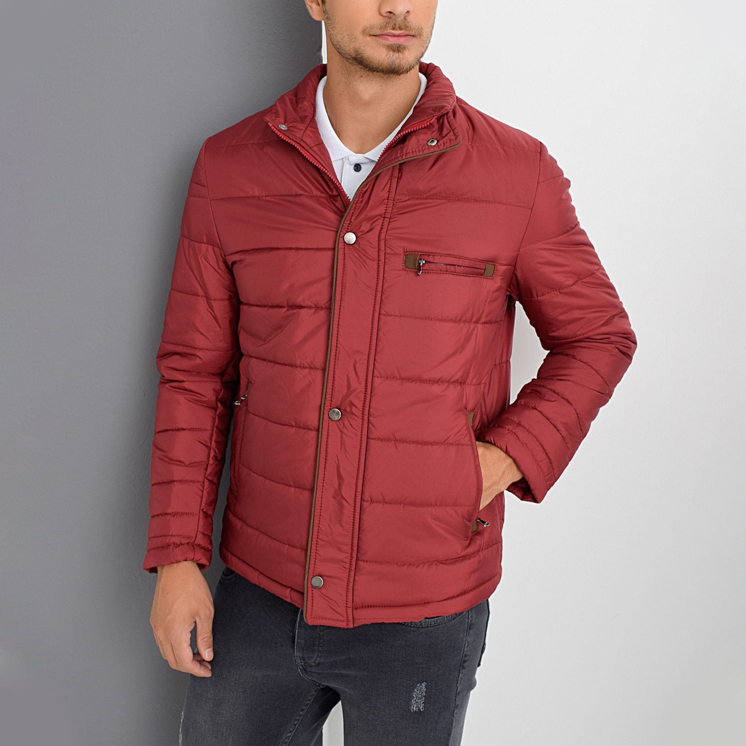 Mock Neck Striped Quilted Jacket // Burgundy