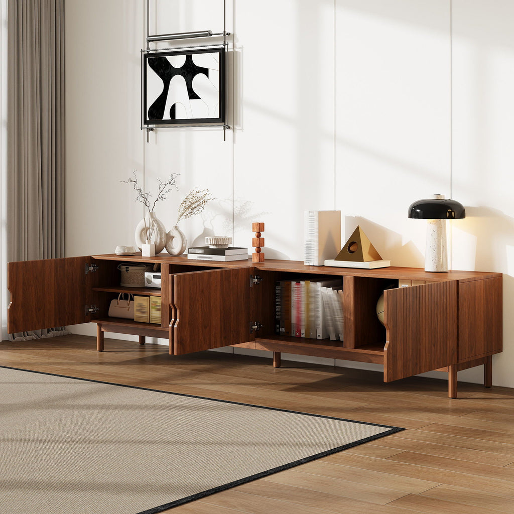 TV Stand With Legs, Media Console, 4 Cabinets - Natural Wood