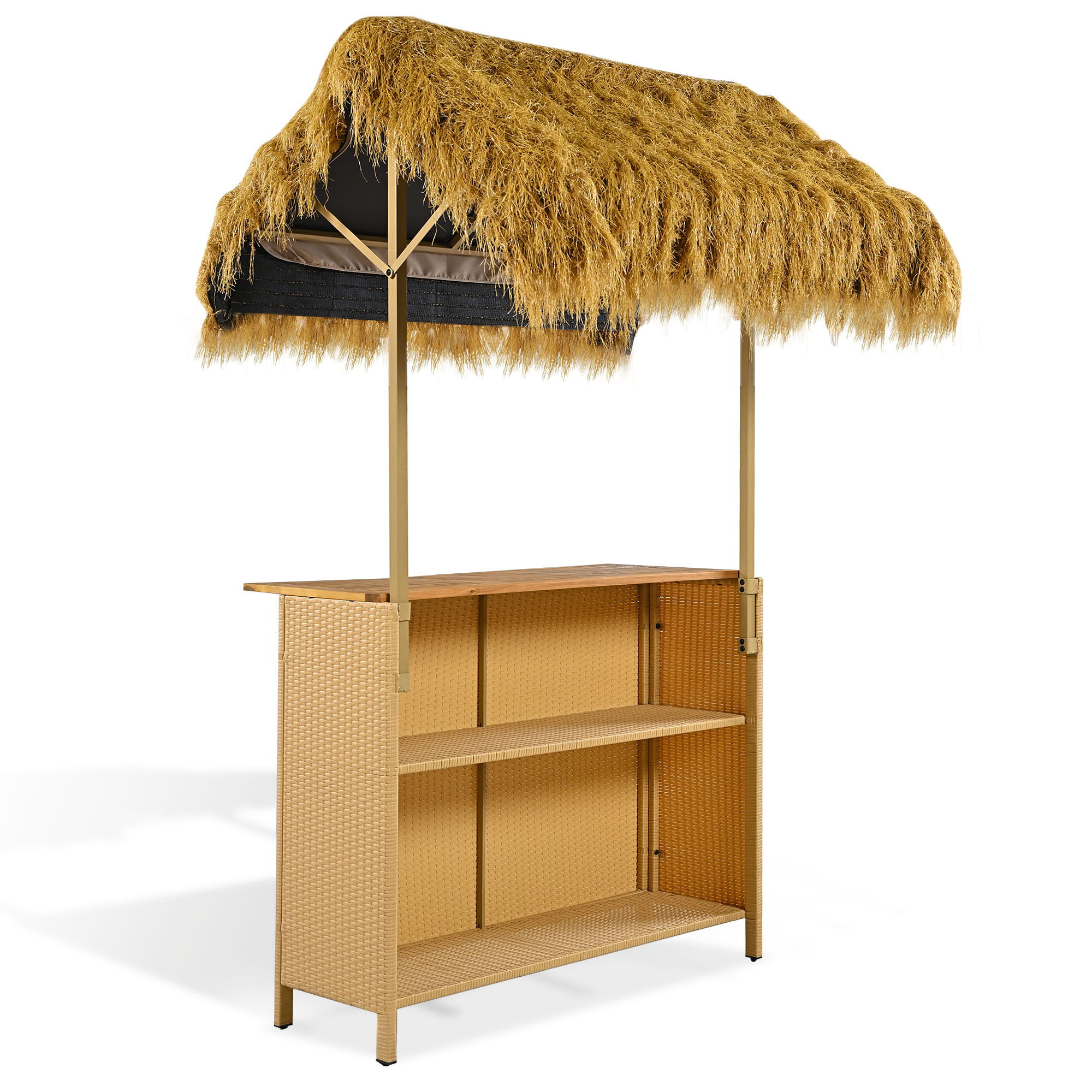 Hawaiian-Style Bar Height Patio Set With PE Grass Canopy - Natural