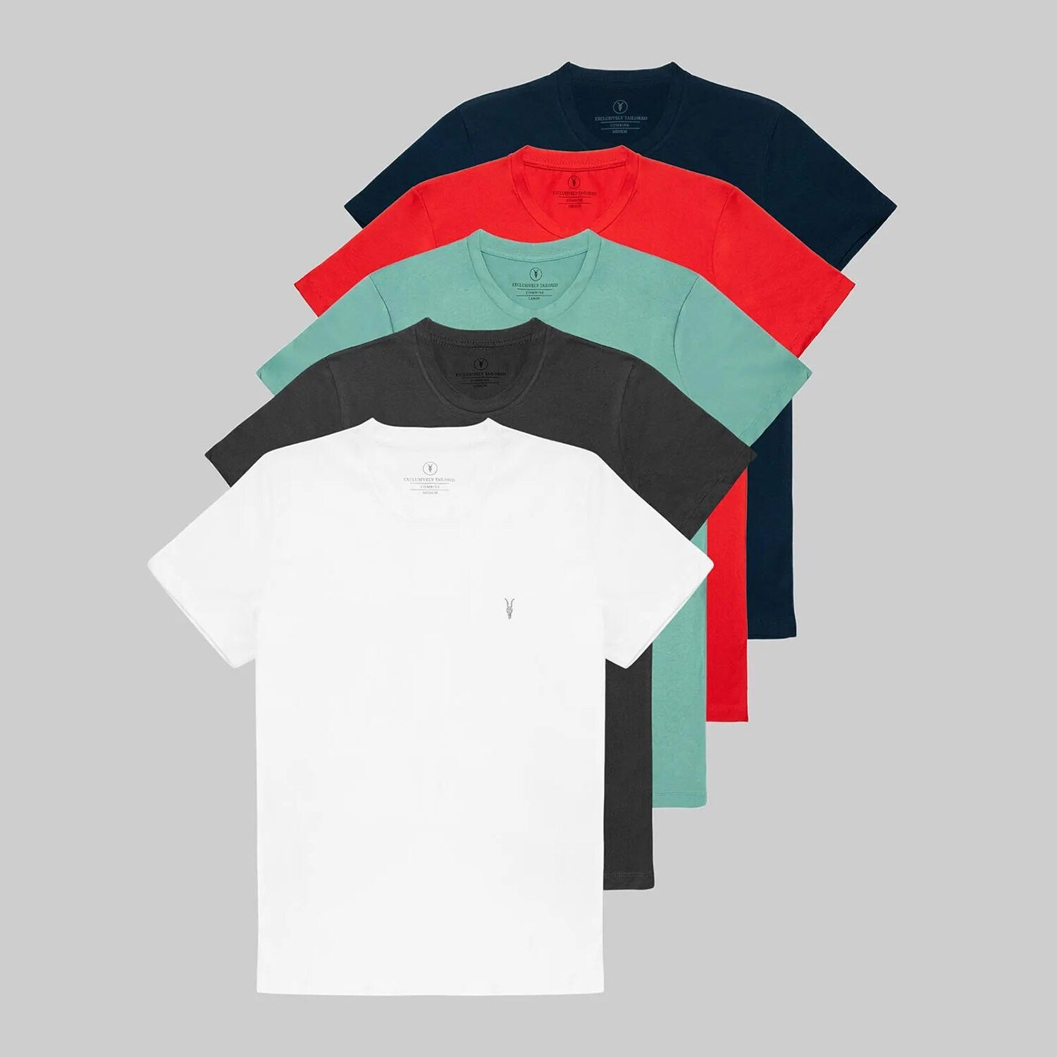 Set of 5 // Crewneck Regular Fit T-Shirts // Navy + Red + Turquoise + Dark Gray + White