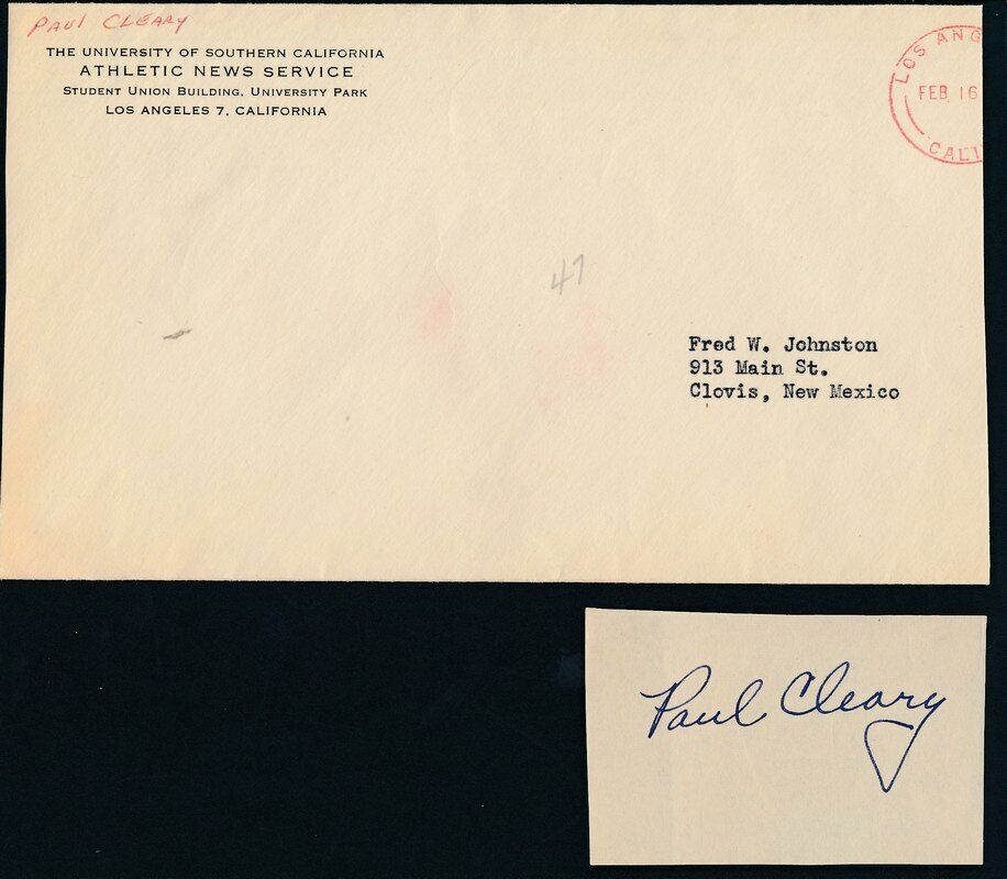 Paul Cleary USC Signed Vintage Photo Cut Card w/ Envelope 142702