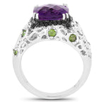 3.27 Carat Genuine Amethyst, Chrome Diopside & Black Diamond .925 Sterling Silver Ring