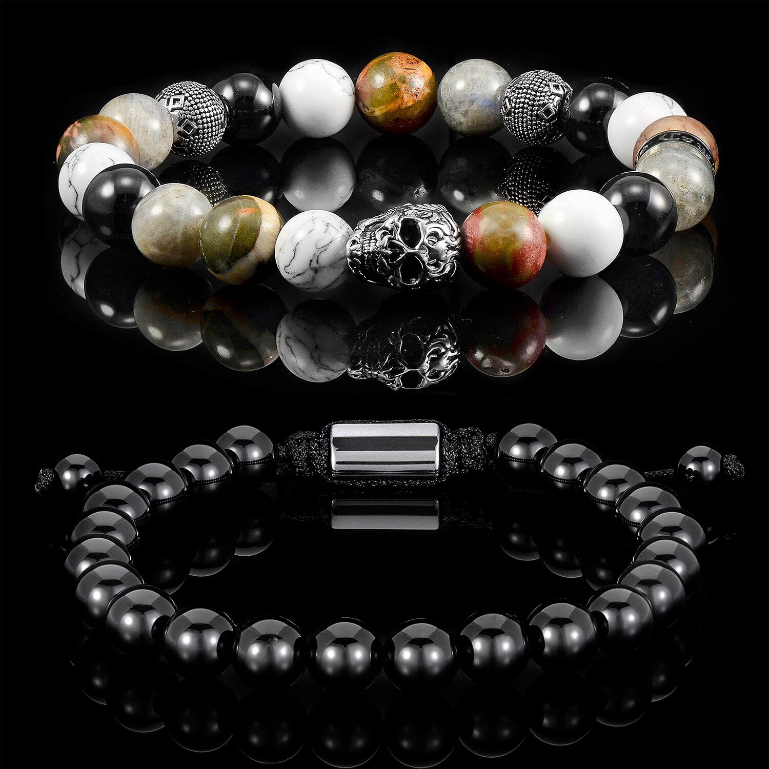 Skull + Onyx + Howlite + Picasso Jasper + Labradorite Bracelets // Set of 2 // 8"