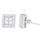 14K White Gold 1 cttw Round and Baguette Diamond Stud Earrings (H-I, SI1-SI2)