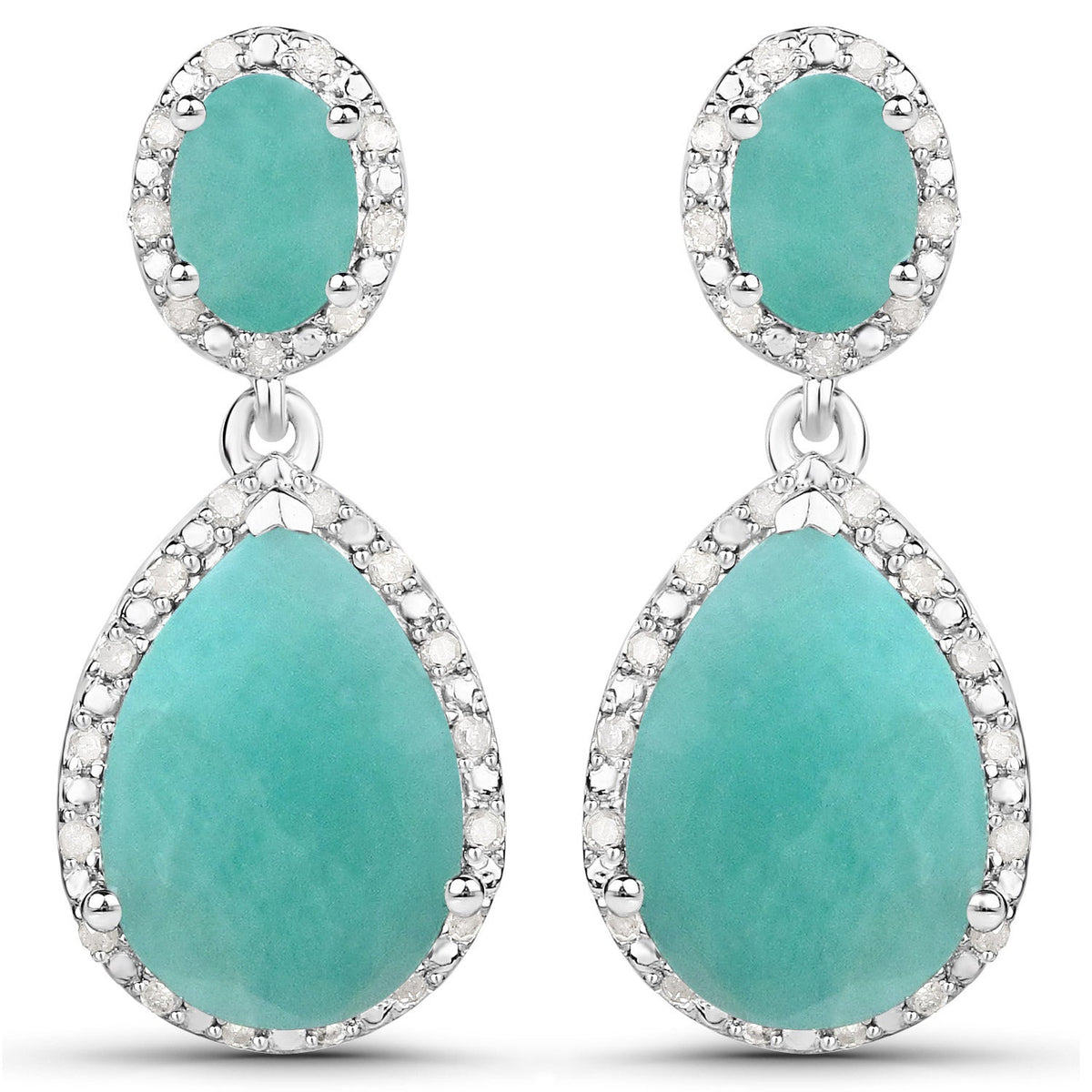 9.64 Carat Genuine Emerald and White Diamond .925 Sterling Silver Earrings