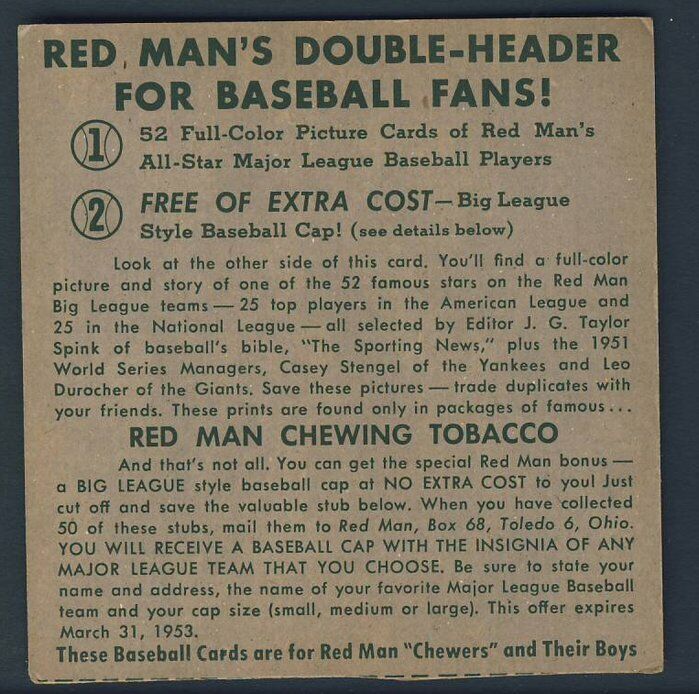 Robin Roberts HOF Phillies 3 1/2 x 3 1/2 1953 Red Man's Card #11  121503