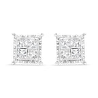 14K White Gold 1 1/2 Cttw Invisible Set Princess-Cut Diamond Contemporary Wavy Quad Stud Earrings (I-J Color, I1-I2 Clarity)