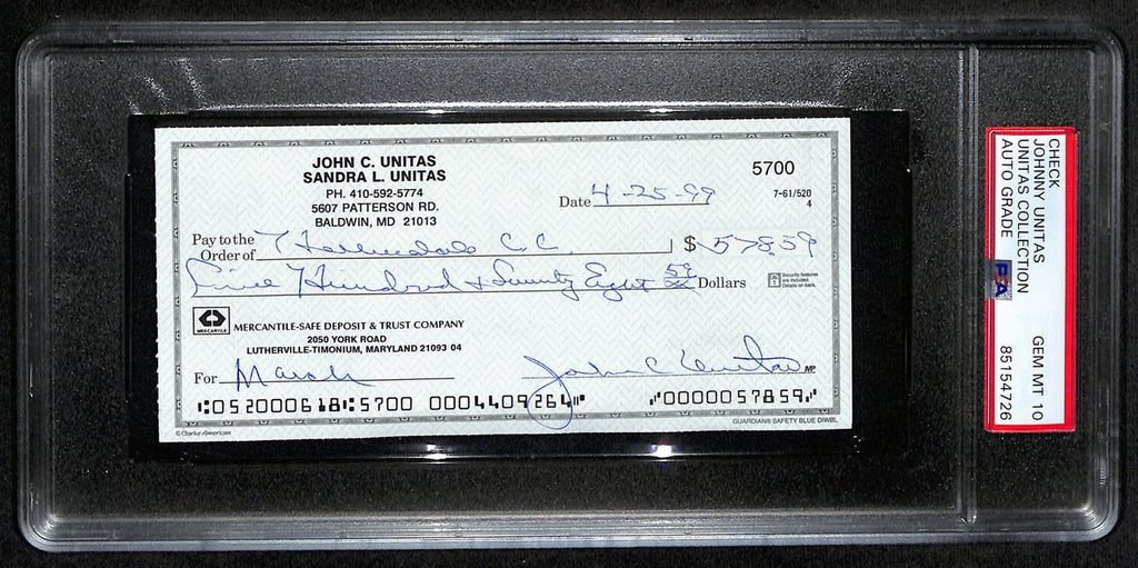 Johnny Unitas HOF Signed/Auto 1999 Bank Check Colts PSA/DNA GEM MT 10 192623