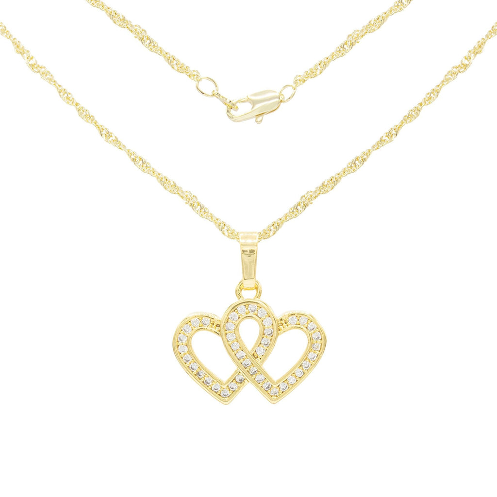 Cubic Zirconia 14K Gold Filled Connected Hearts Pendant Necklace Set