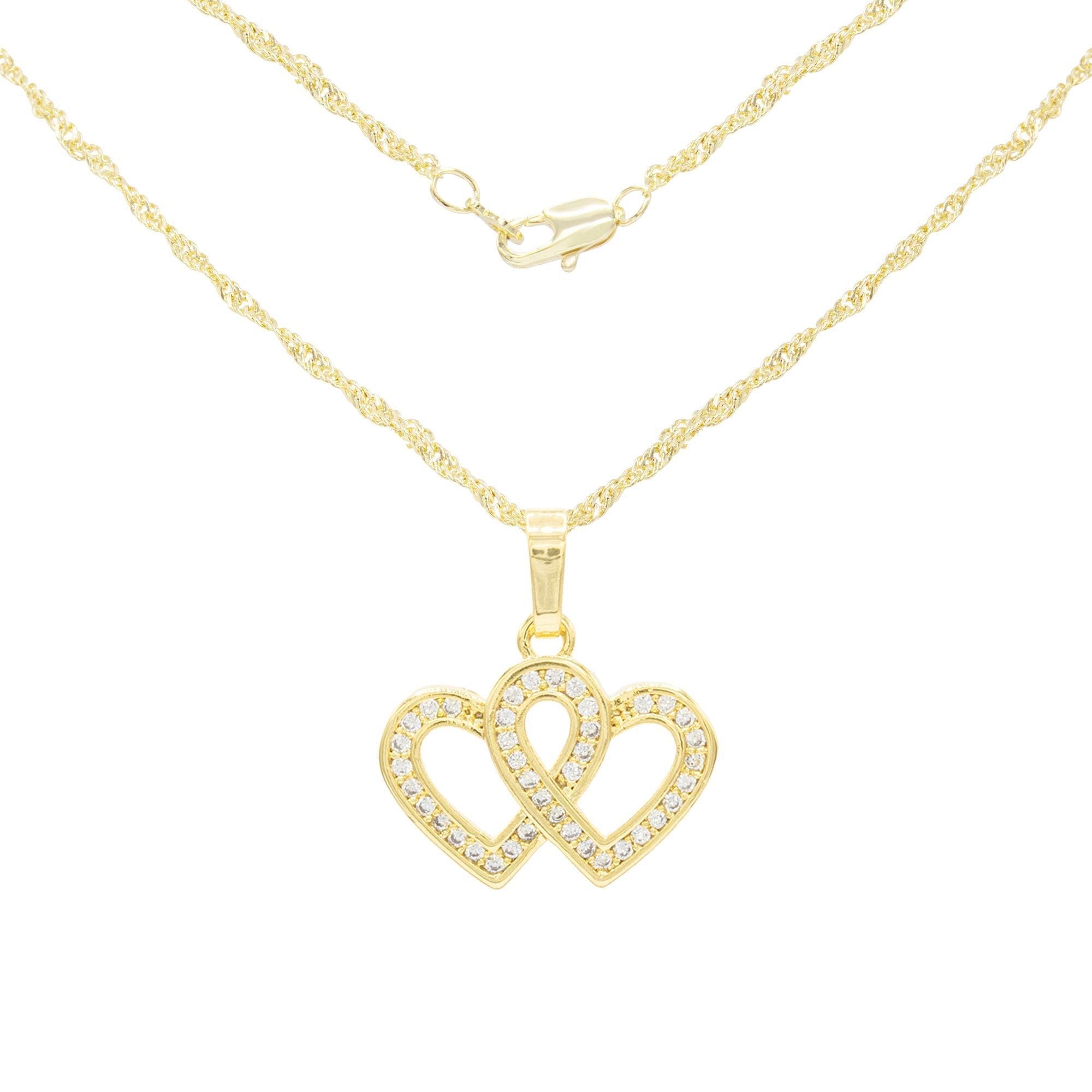 Cubic Zirconia 14K Gold Filled Connected Hearts Pendant Necklace Set
