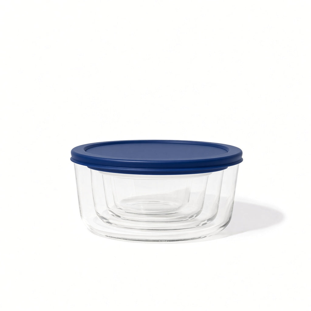 8 Piece Set (4 Containers + 4 Lids) Round Nesting Glass Storage Containers, Blue