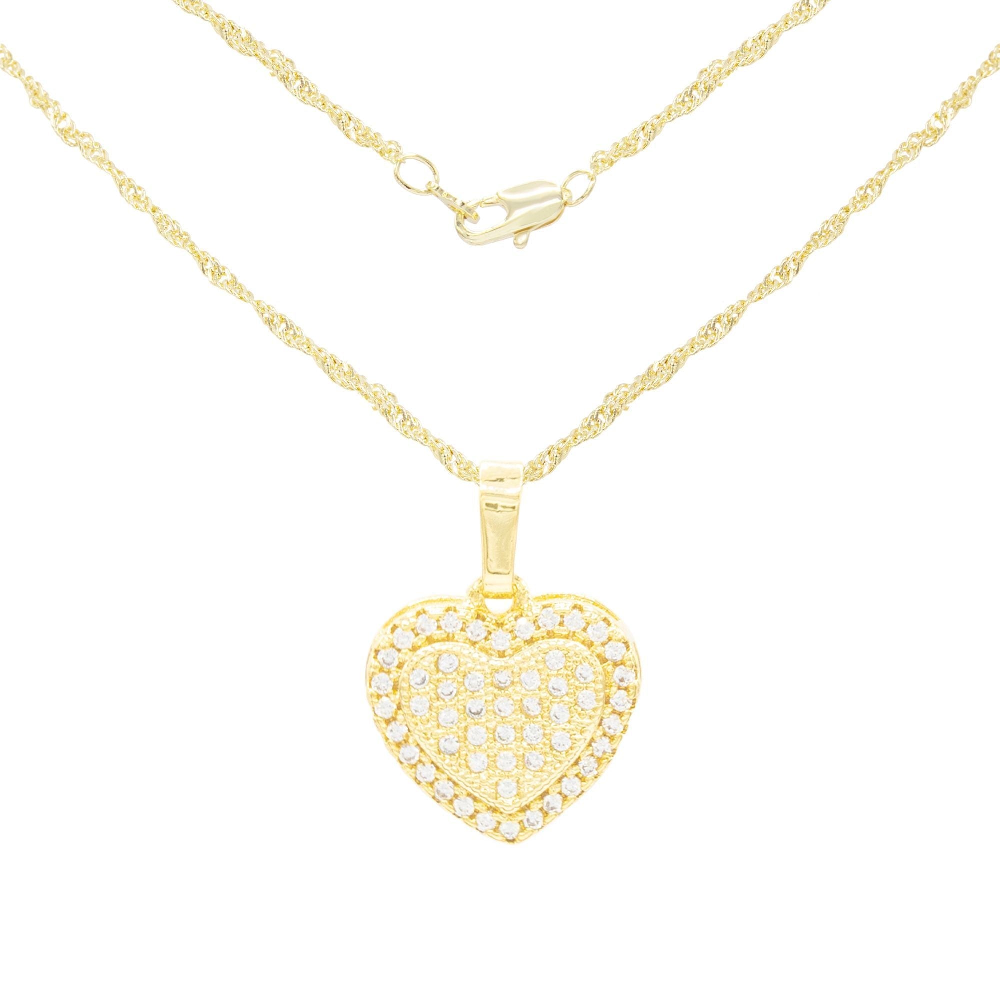 Cubic Zirconia 14K Gold Filled Dual Heart Pendant Necklace Set
