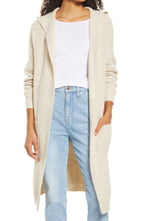 Caslon(R) Ribbed Hooded Long Cotton Blend Cardigan in Beige Oatmeal Light Heather, Size Medium
