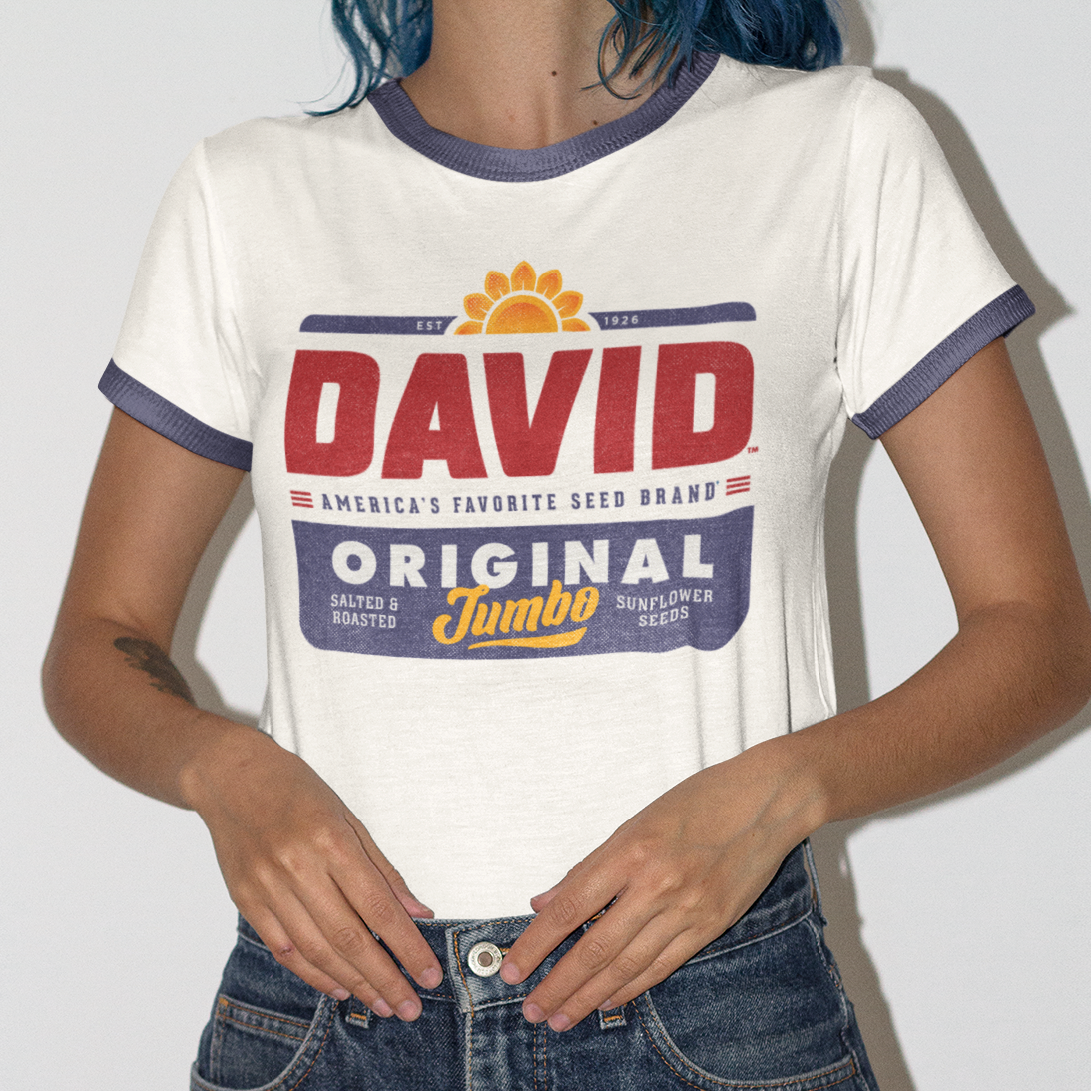 Official DAVID® Sunflower Seeds T-Shirt – Retro Ringer Tee | Vintage Baseball Snack Shirt