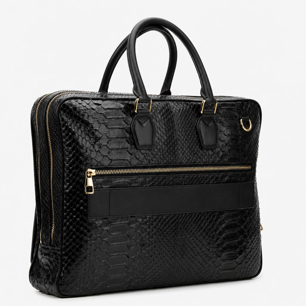 The Cortona Black Python Leather Men’s Laptop Briefcase
