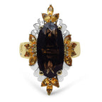 14K Yellow Gold Plated 7.07 Carat Genuine Smoky Quartz, Citrine & White Diamond .925 Sterling Silver Ring