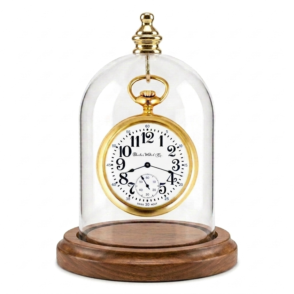 Pocket Watch Glass Display Dome Cloche Real Walnut Wood Base & Gold Brass Hook 3"x4"