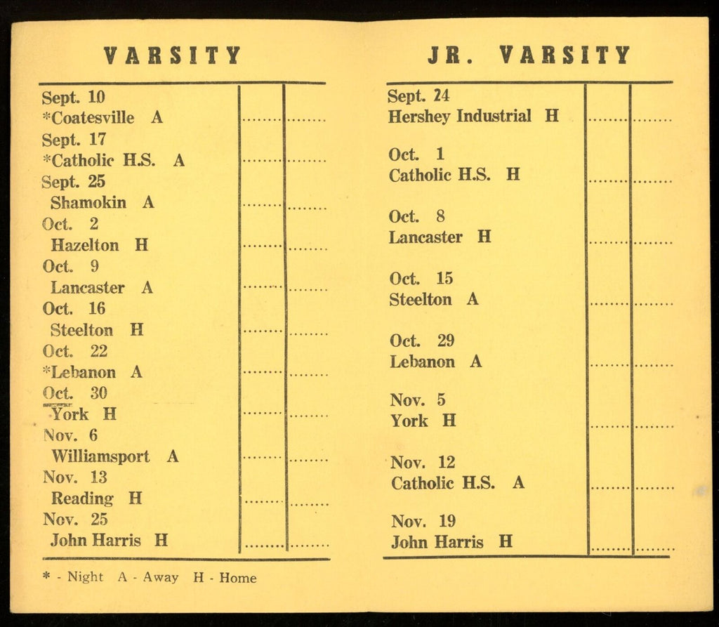 1948 William Penn High School Football 2.5x4.25 Pocket Schedule Harrisburg, PA