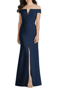 Dessy Collection Notched Off the Shoulder Crepe Gown in Midnight, Size 10