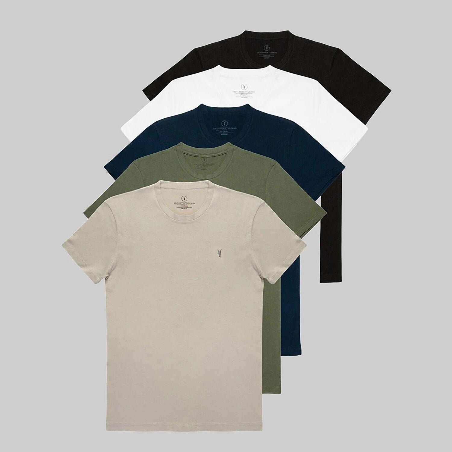 Set of 5 // Crewneck Regular Fit T-Shirts // Black + White + Navy + Olive + Beige
