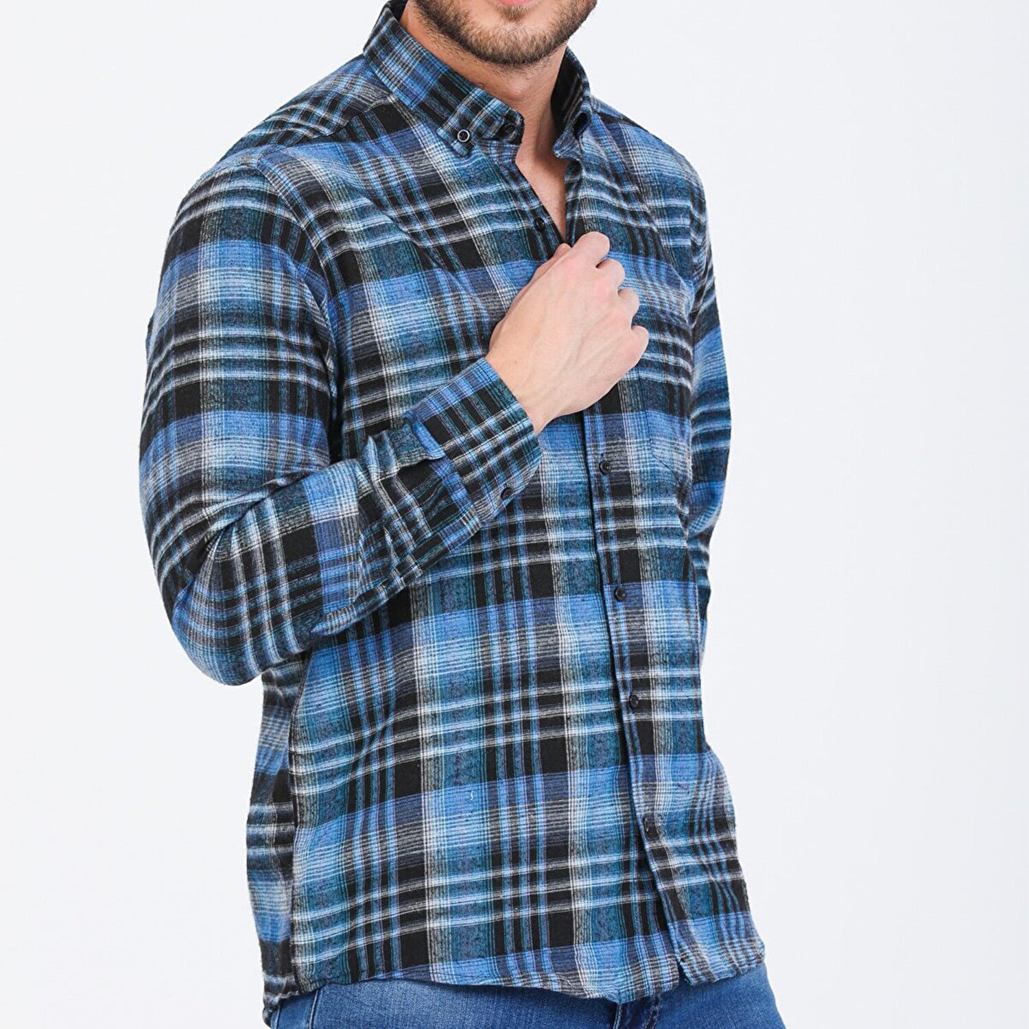 Sean Long Sleeve Checked Pocket Shirt // Blue