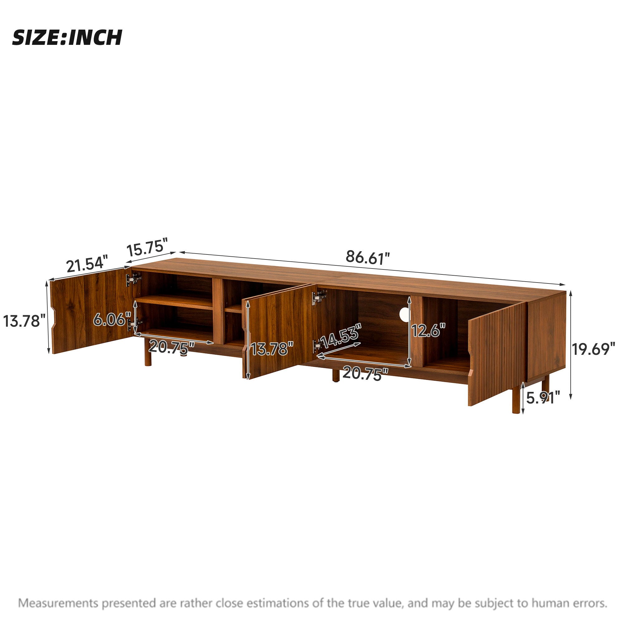 TV Stand With Legs, Media Console, 4 Cabinets - Natural Wood