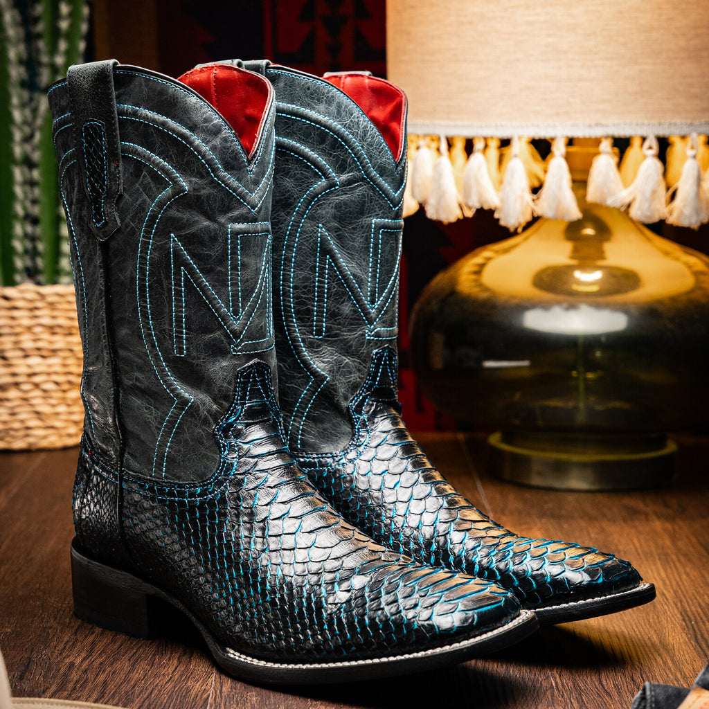 Western Collection Missouri // Python Leather Cowboy Boot // Black + Blue