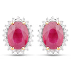 3.14 Carat Genuine Ruby and White Diamond 14K Yellow Gold Earrings
