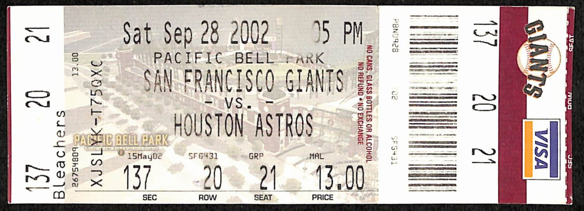 Barry Bonds Hits Homerun #613 Full Ticket Giants 9/28/2002 187532