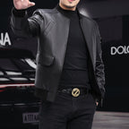 Varsity Leather Jacket with Duckdown Lining // Black