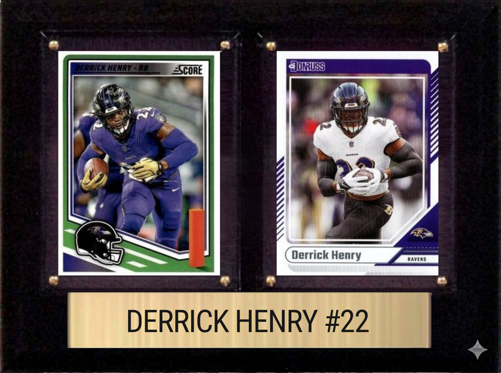 Derrick Henry Baltimore Ravens Fan Gift Plaque 6x8 2 Cards Prizm, Donruss, Score 2024 2025 2026