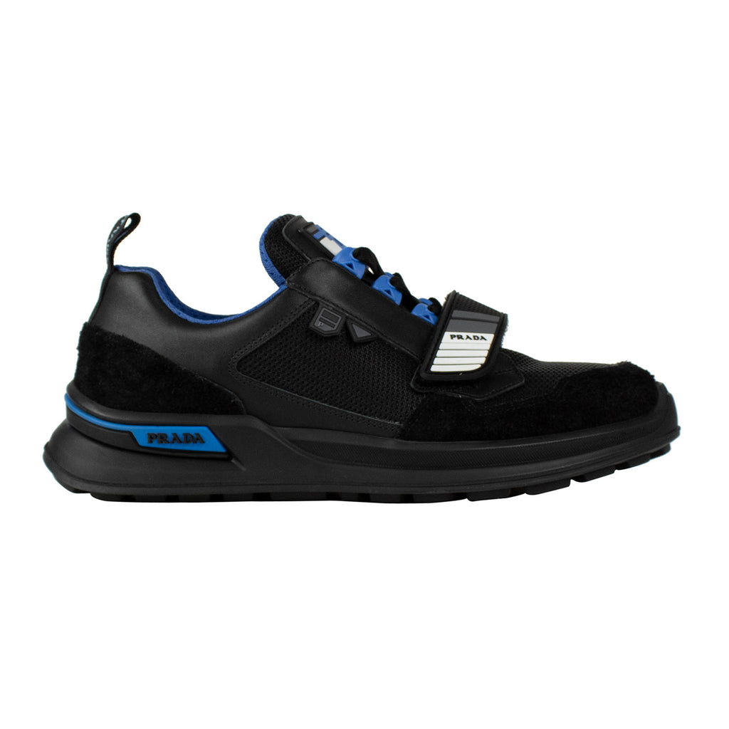 Prada // Mechano Leather + Fabric Sneakers // Black + Blue