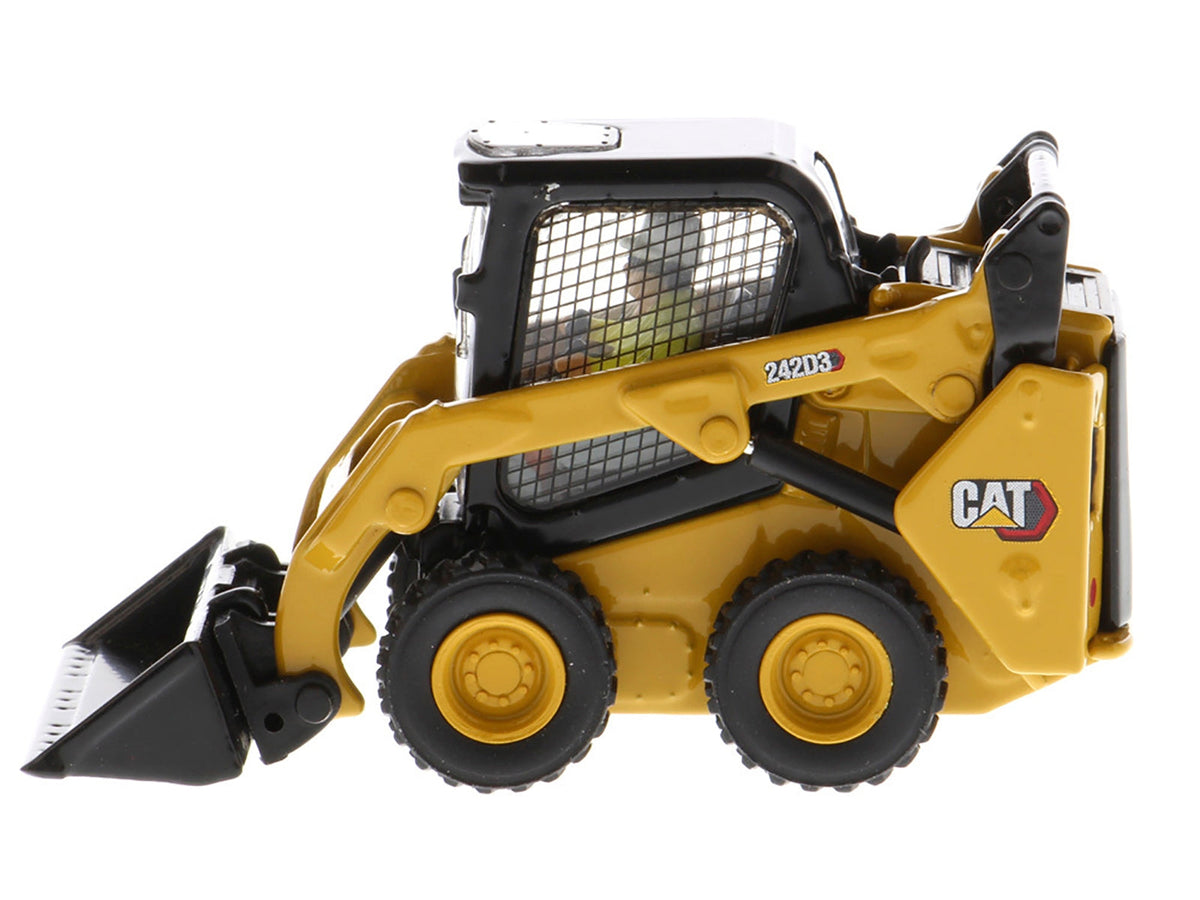 CAT Caterpillar 242D3 Wheeled Skid Steer Loader with Work Tools and Operator Yellow "High Line Series" 1/50 Diecast Model by Diecast Masters