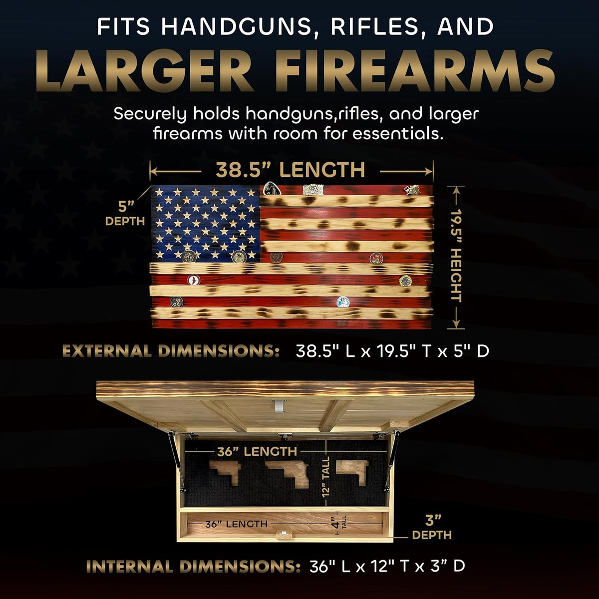 American Flag Challenge Coin Display with Hidden Gun Storage – Holds 100 Coins