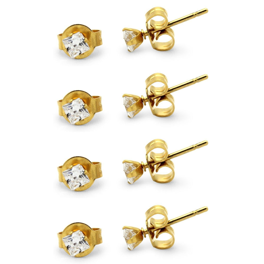 Cubic Zirconia Square 14K Gold Plated Stud Earrings Set Of 4 Stainless Steel Jewelry Men Women