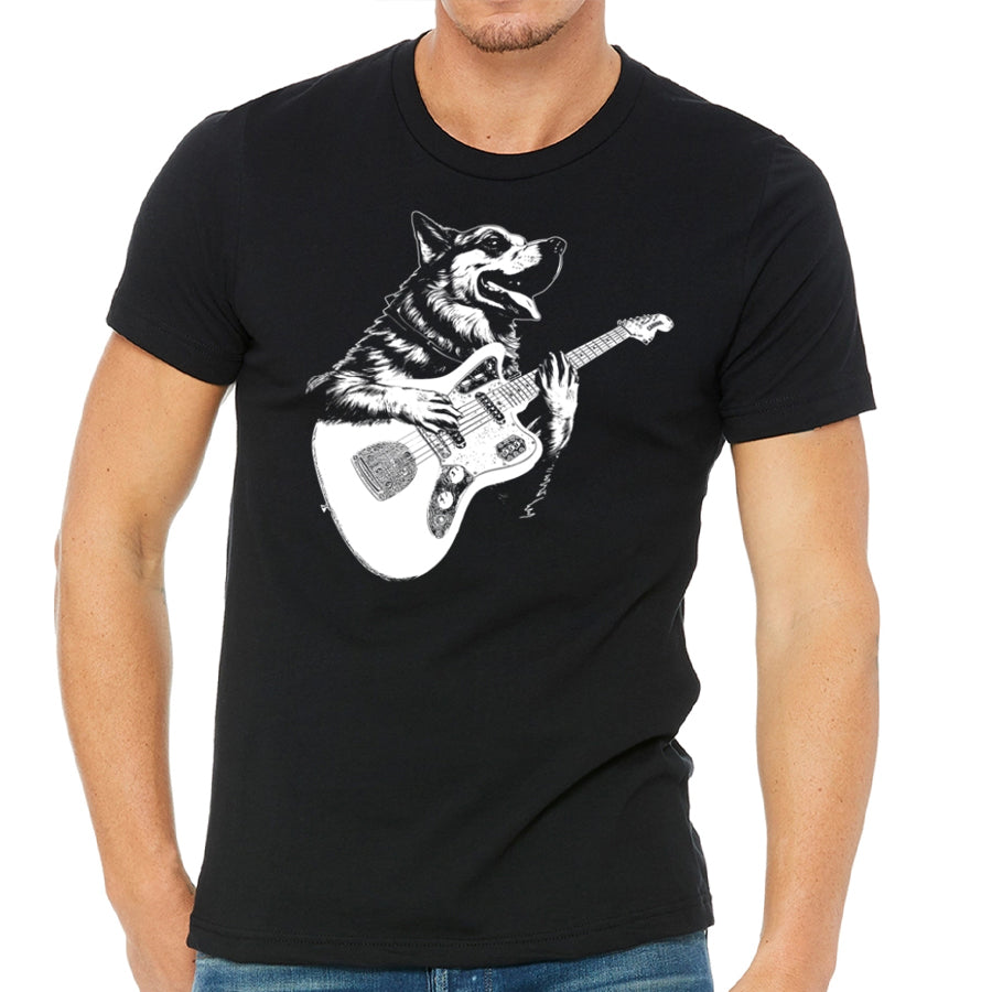 Dog Playing Guitar Men's Tshirt- Funny Canine Musician Apparel, Rock and Roll Clothing, Music Tee