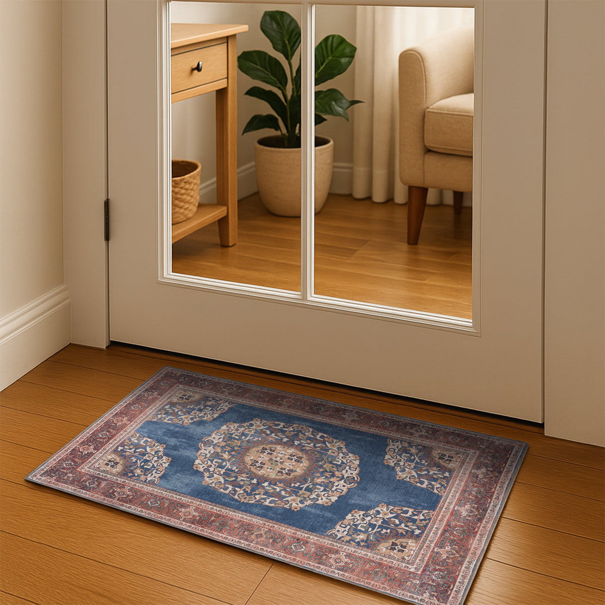 Navy Blue Brick Oushak Area Washable Rug