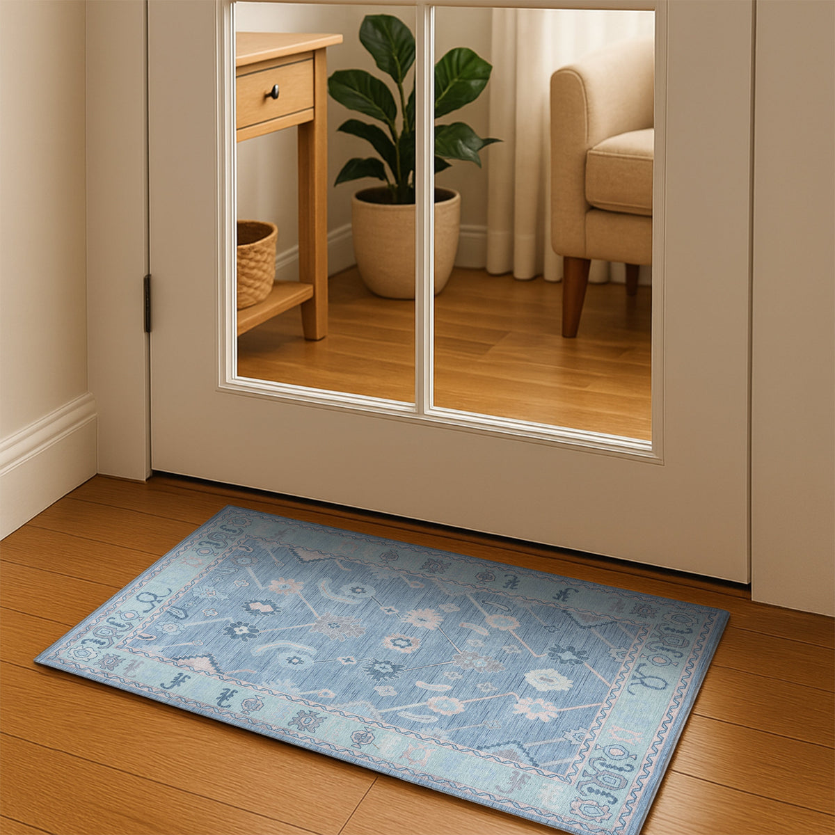 Teal Blue Oushak Area Washable Rug