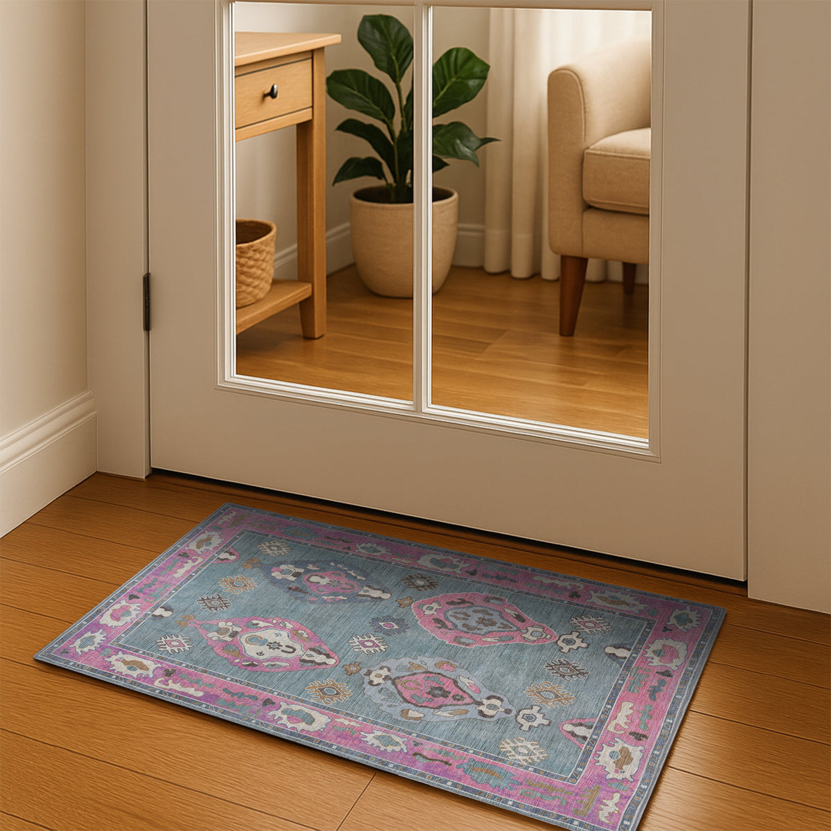 Green Pink Oushak Washable Rug