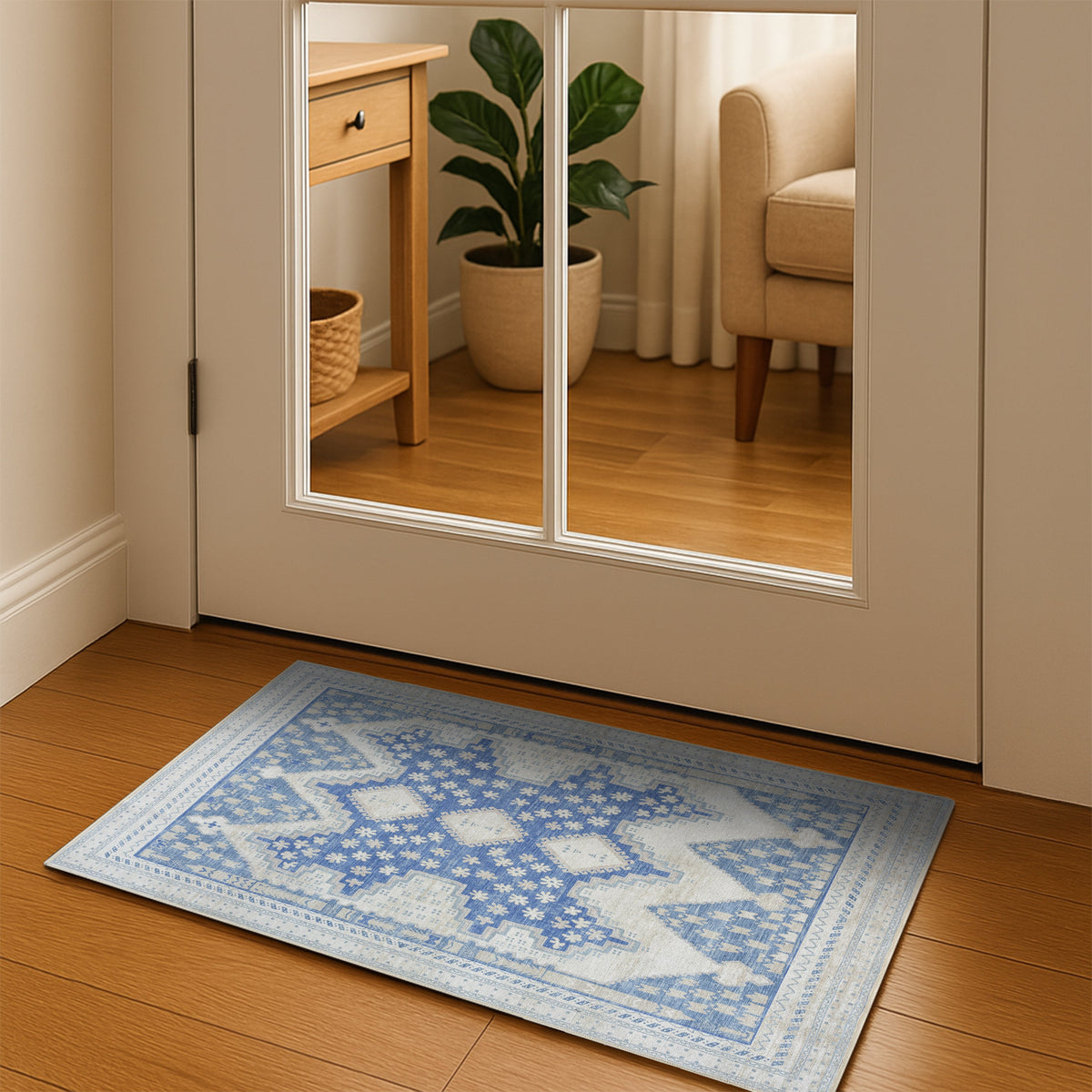 Beige Blue Boho Oushak Washable Rug