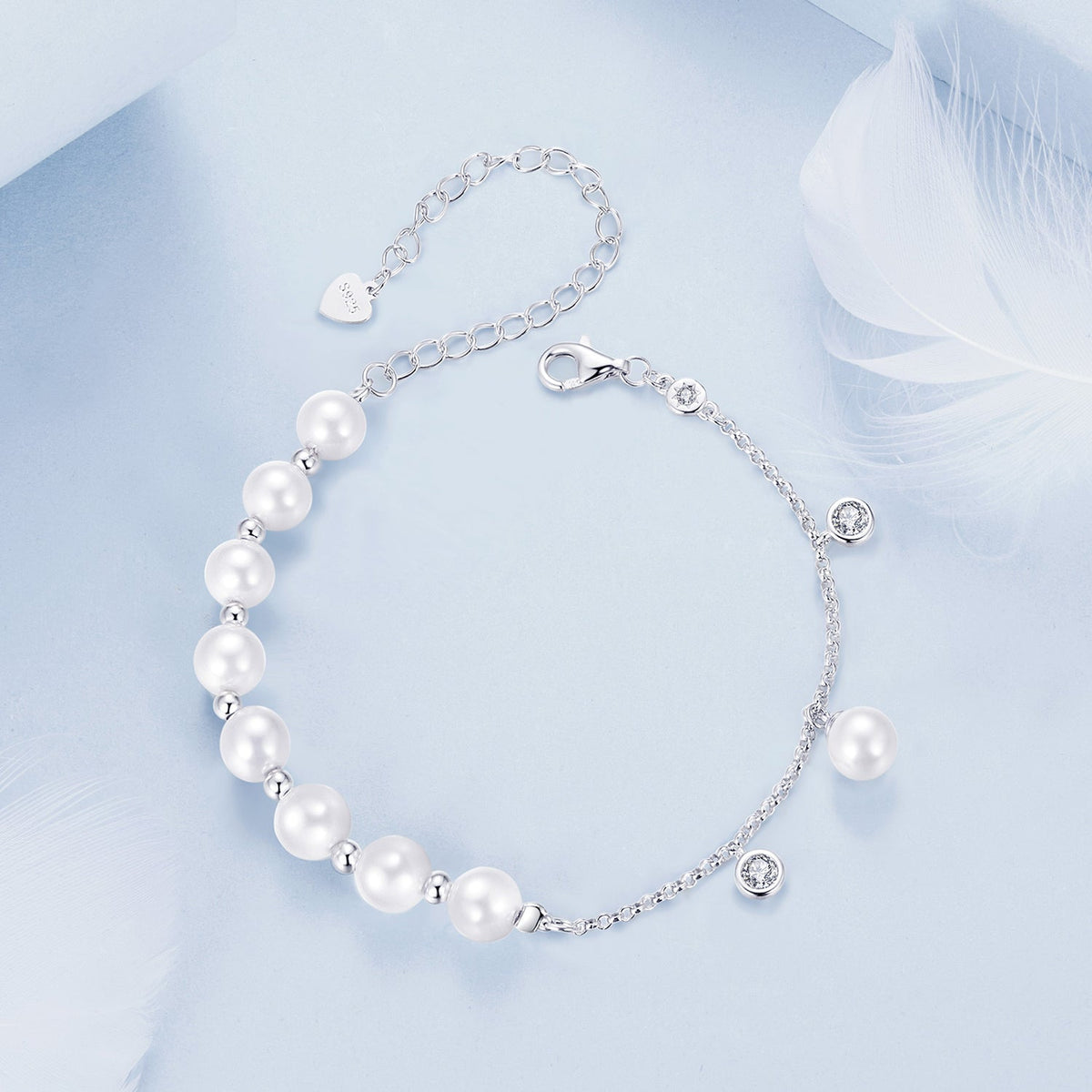 925 Sterling Silver 15+6cm White Gold Plated Bracelet with Quality Shell Pearl & CZ for Women
